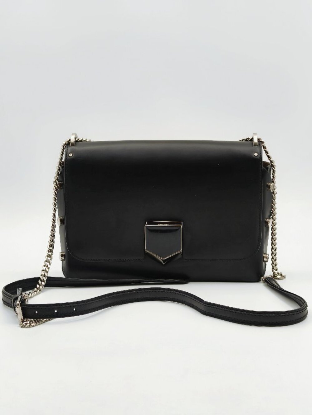 Jimmy Choo Black Leather Lockett Shoulder Bag Silver Chain Crossbody